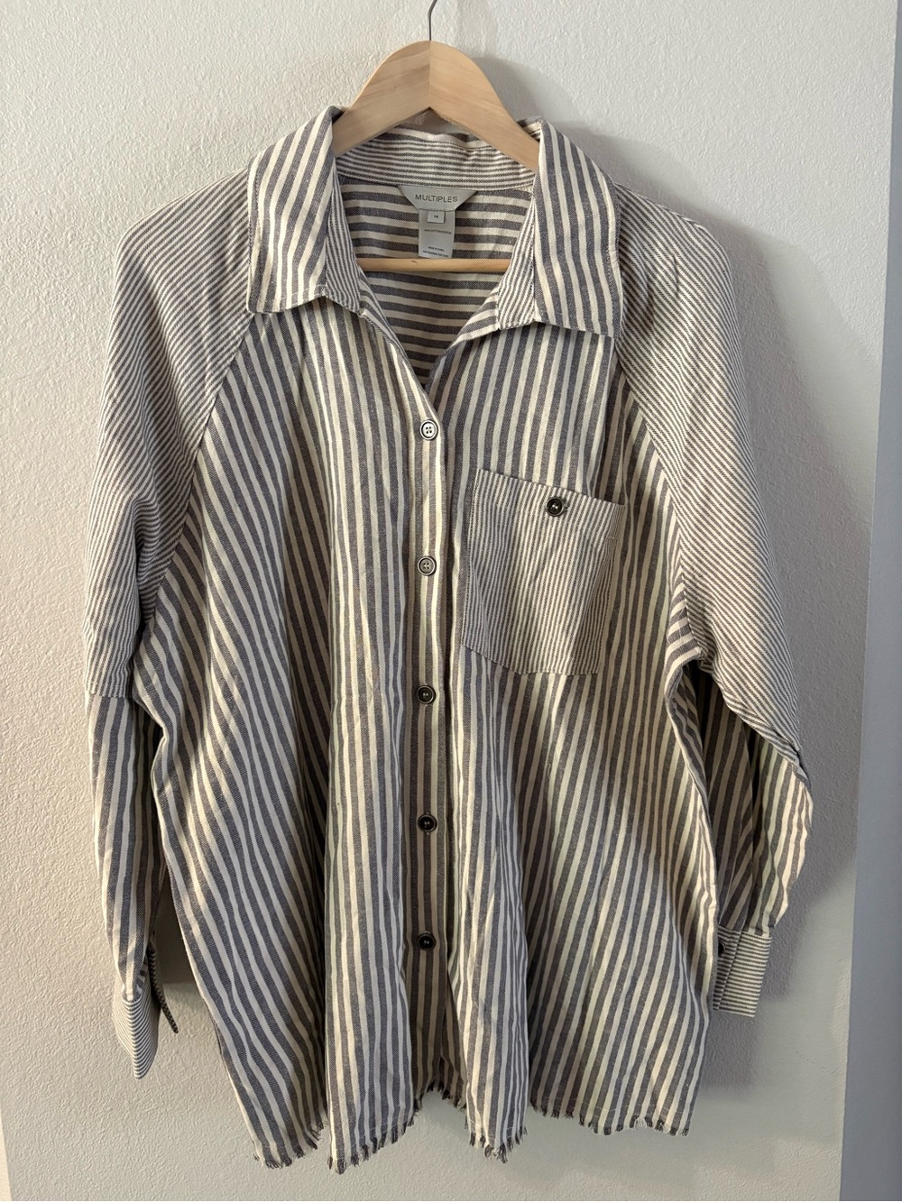Boho Oversized Striped Raglan Button Down Cotton Shirt Coastal Grandma XL